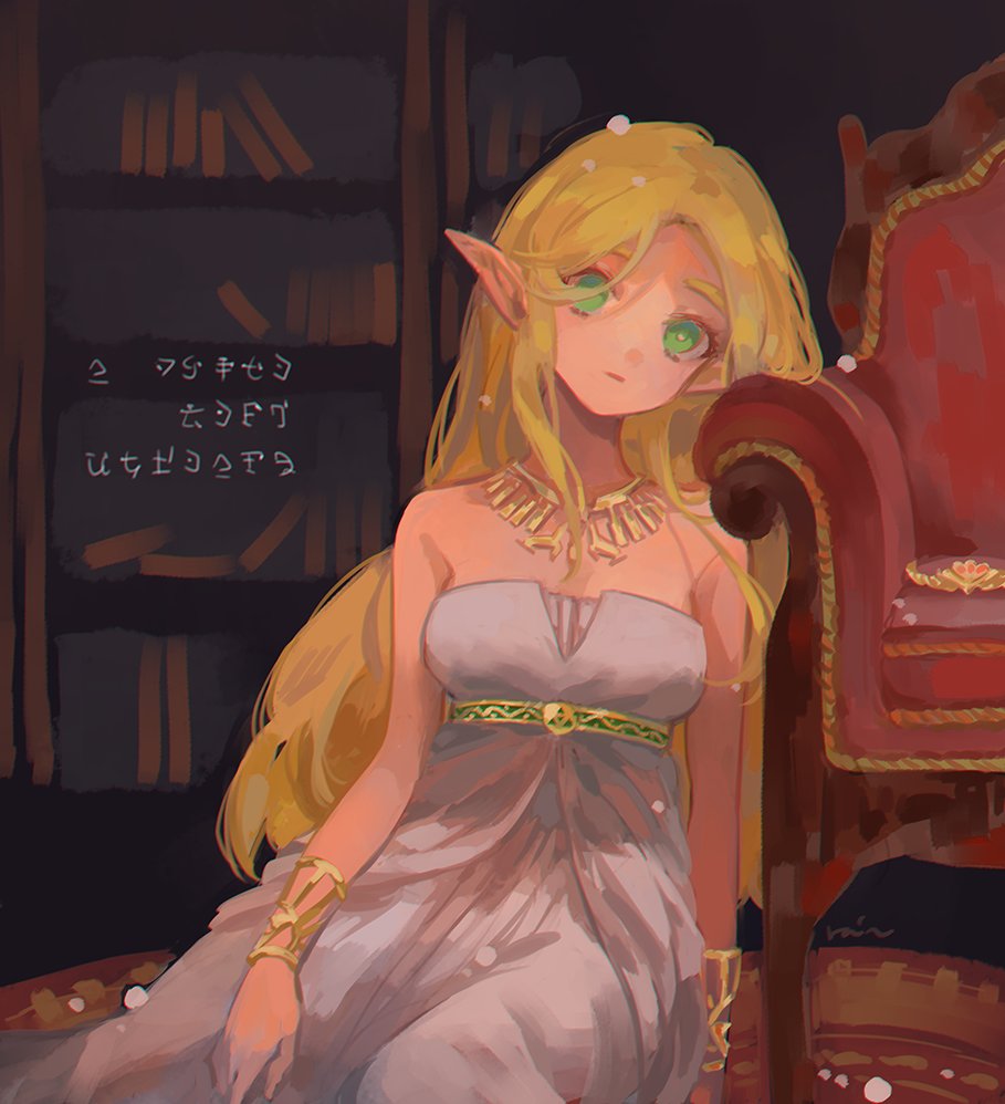 1girl bare_shoulders blonde_hair bookshelf bracer breasts chair dress gold_necklace gold_trim green_eyes indoors jewelry long_dress long_hair looking_at_viewer medium_breasts necklace parted_bangs pointy_ears princess_zelda rain_rkgk sitting solo strapless strapless_dress the_legend_of_zelda the_legend_of_zelda:_breath_of_the_wild thick_eyebrows white_dress