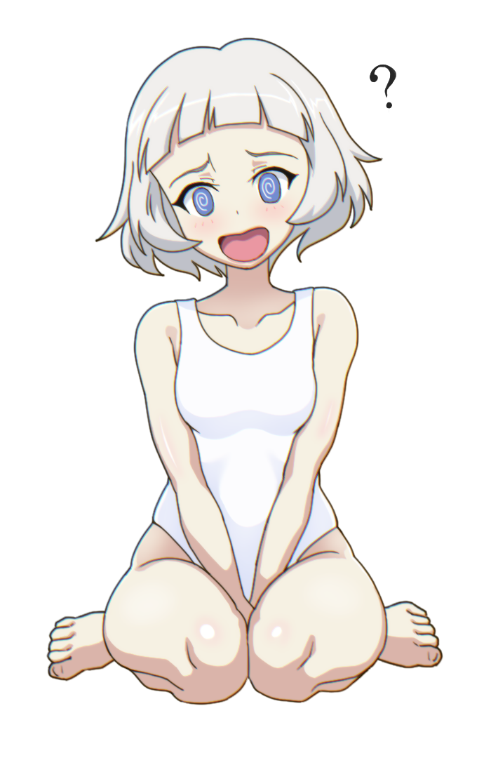 1girl ? @_@ between_legs blue_eyes breasts girls_und_panzer gogopaint grey_hair hand_between_legs heart lipstick makeup one-piece_swimsuit open_mouth simple_background sitting sophia_(girls_und_panzer) swimsuit wariza white_background white_one-piece_swimsuit