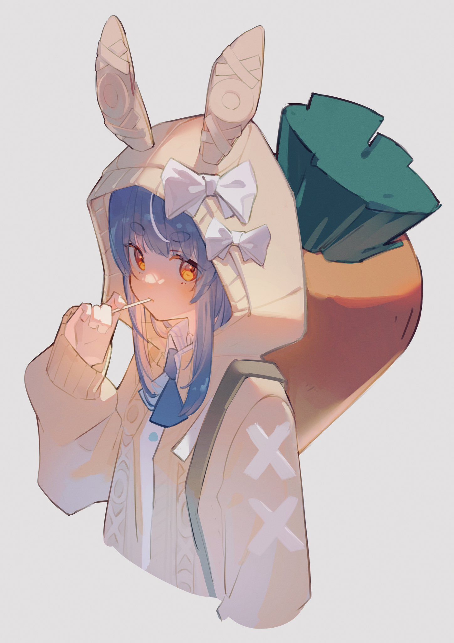 1girl alternate_costume animal_ears aran_sweater ascot blue_ascot blue_hair blush bow cable_knit candy cardigan carrot closed_mouth collared_shirt commentary cropped_torso eating fce_9 food food_in_mouth from_side highres hikimayu holding holding_candy holding_food holding_lollipop hololive hood hood_up hooded_cardigan lollipop long_hair long_sleeves looking_at_viewer looking_to_the_side multicolored_hair orange_eyes oversized_food oversized_object rabbit_ears rabbit_girl shirt short_eyebrows sidelocks simple_background sleeves_past_wrists solo standing strap sweater thick_eyebrows two-tone_hair upper_body usada_pekora virtual_youtuber white_background white_bow white_cardigan white_hair white_shirt