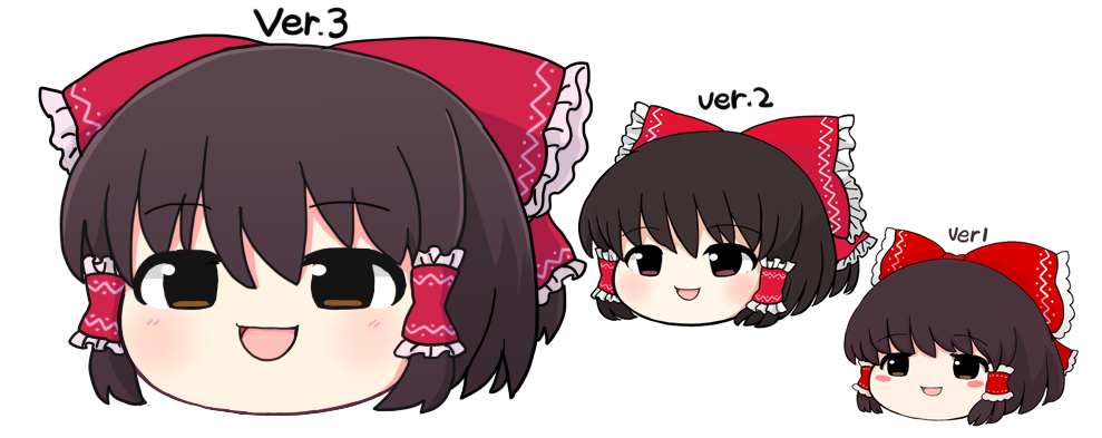 3girls artist_name black_hair blush bow chibi copyright_name frilled_bow frilled_hair_tubes frills hair_bow hair_tubes hakurei_reimu multiple_girls open_mouth rei_(tonbo0430) smile tagme touhou translation_request white_background yukkuri_shiteitte_ne