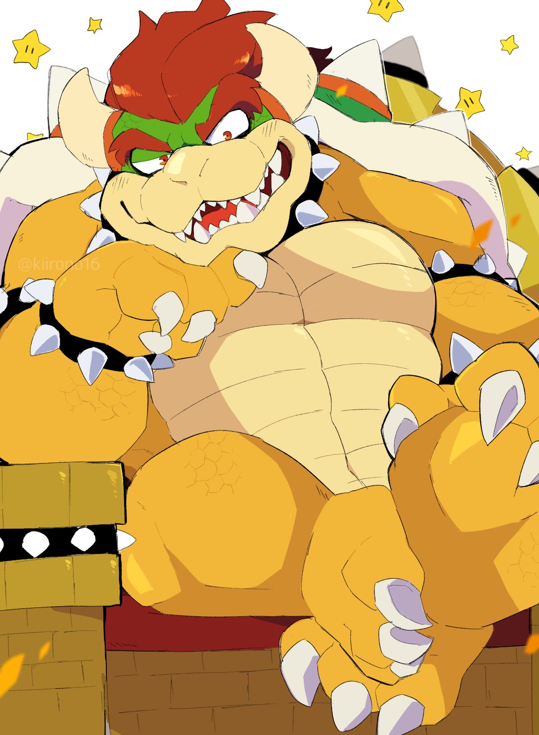 anthro bowser chair claws furniture hair hi_res horn kiirono koopa looking_at_viewer male mario_bros nintendo red_eyes red_hair scalie sitting solo teeth