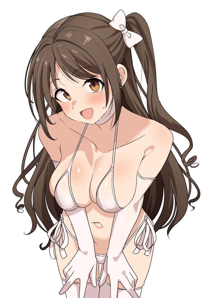 1girl bare_shoulders bikini blush breasts brown_eyes brown_hair choker elbow_gloves gloves hair_ornament hair_ribbon idolmaster idolmaster_cinderella_girls large_breasts long_hair looking_at_viewer micro_bikini navel open_mouth ribbon seihekiog shimamura_uzuki side-tie_bikini_bottom side_ponytail smile solo swimsuit thighhighs white_bikini white_choker white_gloves white_thighhighs