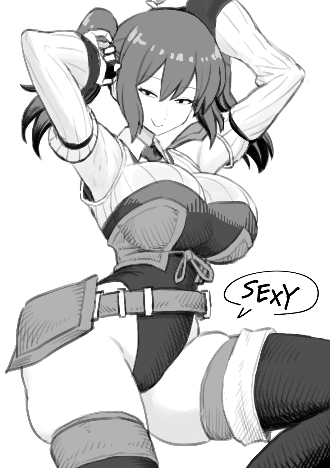 1girl armpits belt breasts detached_sleeves highleg highres large_breasts margaret_els monochrome solo toba_kuti tsuihousareta_cheat_fuyo_majutsushi_wa_kimama_na_second_life_wo_oukasuru tsurime two_side_up