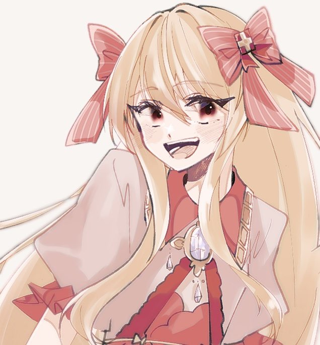 1girl :d blonde_hair blush chaos_marie_(grimms_notes) cleavage_cutout clothing_cutout grimms_notes hair_ribbon jewelry kotsubunatto2525 long_hair necklace open_mouth pendant pink_eyes puffy_short_sleeves puffy_sleeves ribbon short_sleeves simple_background smile solo upper_body white_background