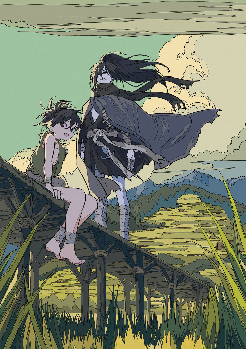 1boy 1girl bandages barefoot black_eyes black_hair cloak cloud cogecha commentary_request dororo_(character) dororo_(tezuka) guest_art highres hyakkimaru_(dororo) japanese_clothes katana kimono long_hair looking_at_viewer mountain nature open_mouth outdoors ponytail scarf scenery short_hair sitting sky smile sword weapon