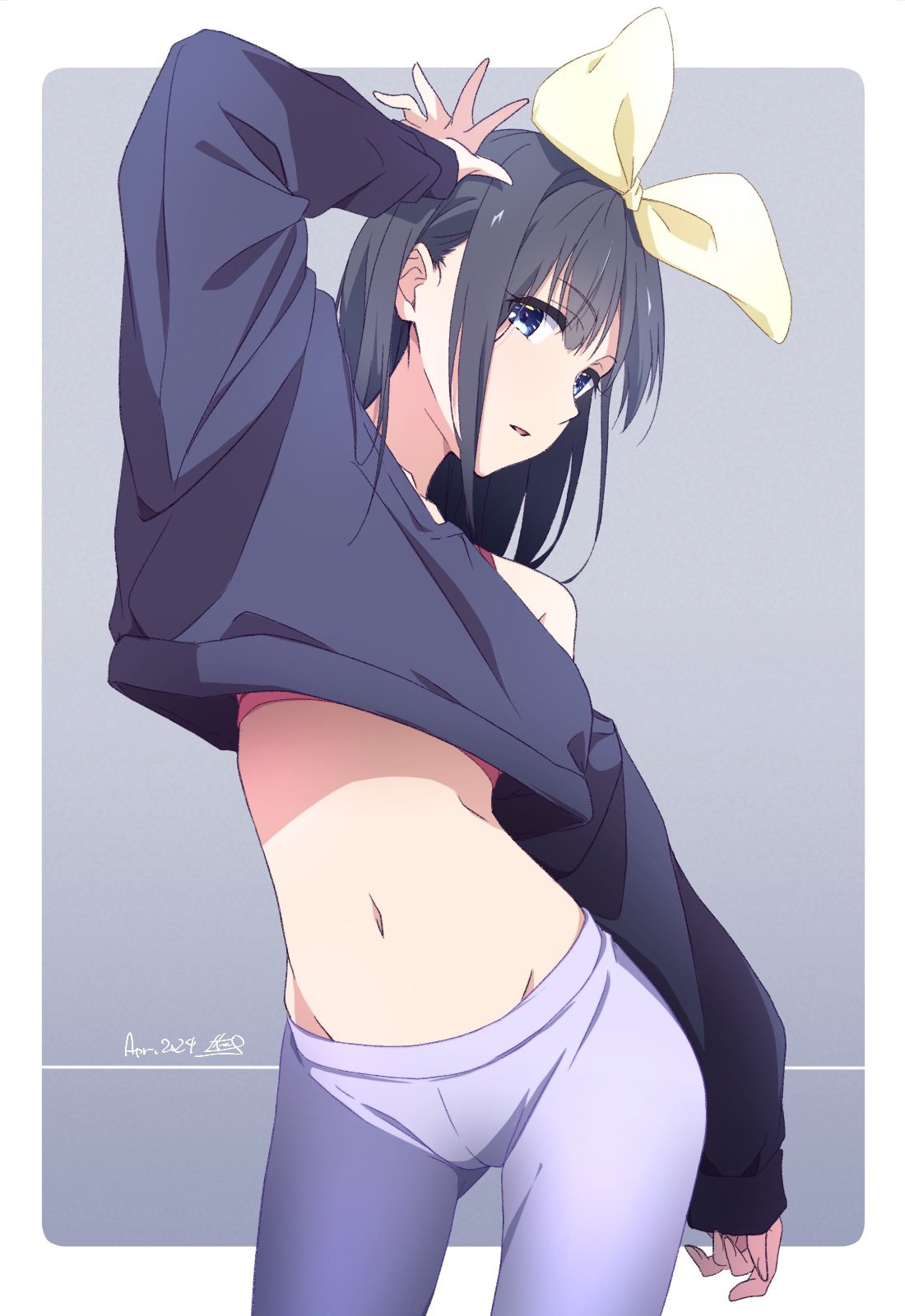 1girl black_shirt blue_eyes bra commentary_request dated gradient_background grey_background hairband highres long_sleeves looking_at_viewer medium_hair midriff monai-chan_(nii_manabu) navel nii_manabu original pants parted_lips purple_pants red_bra shirt signature solo underwear yellow_hairband