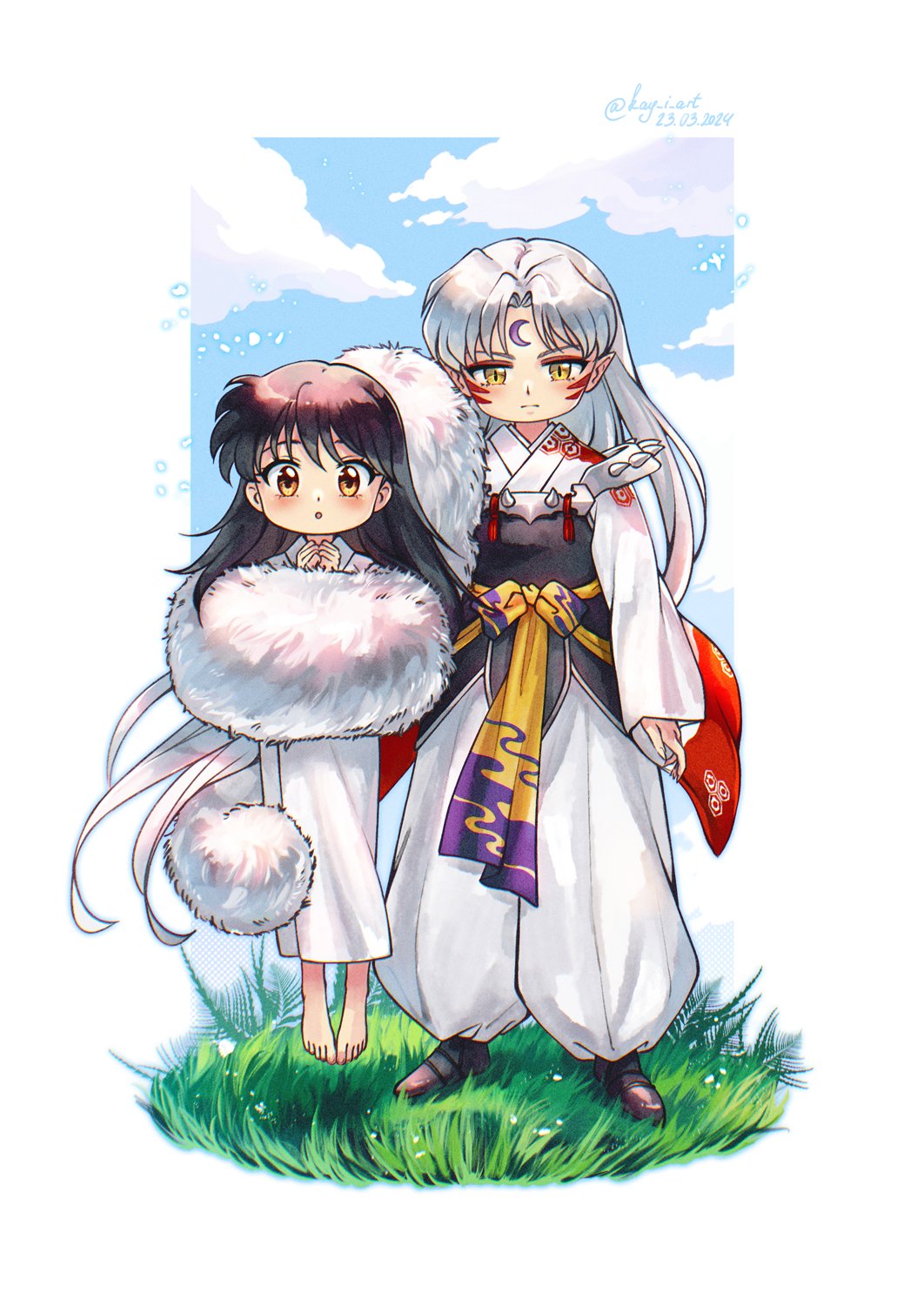 1boy 1girl armor barefoot black_hair blue_sky blush boots border brown_eyes chibi claws cloud cloudy_sky crescent crescent_facial_mark dated demon_boy eyeshadow facial_hair facial_mark fingernails floating forehead_mark full_body fur_trim grass hakama highres inuyasha japanese_armor japanese_clothes kay-i kimono long_hair makeup outdoors own_hands_together parted_bangs parted_lips pointy_ears red_eyeshadow rin_(inuyasha) sesshoumaru sharp_fingernails shoulder_spikes sky slit_pupils spikes twitter_username white_border white_fur white_hair white_hakama white_kimono yellow_eyes