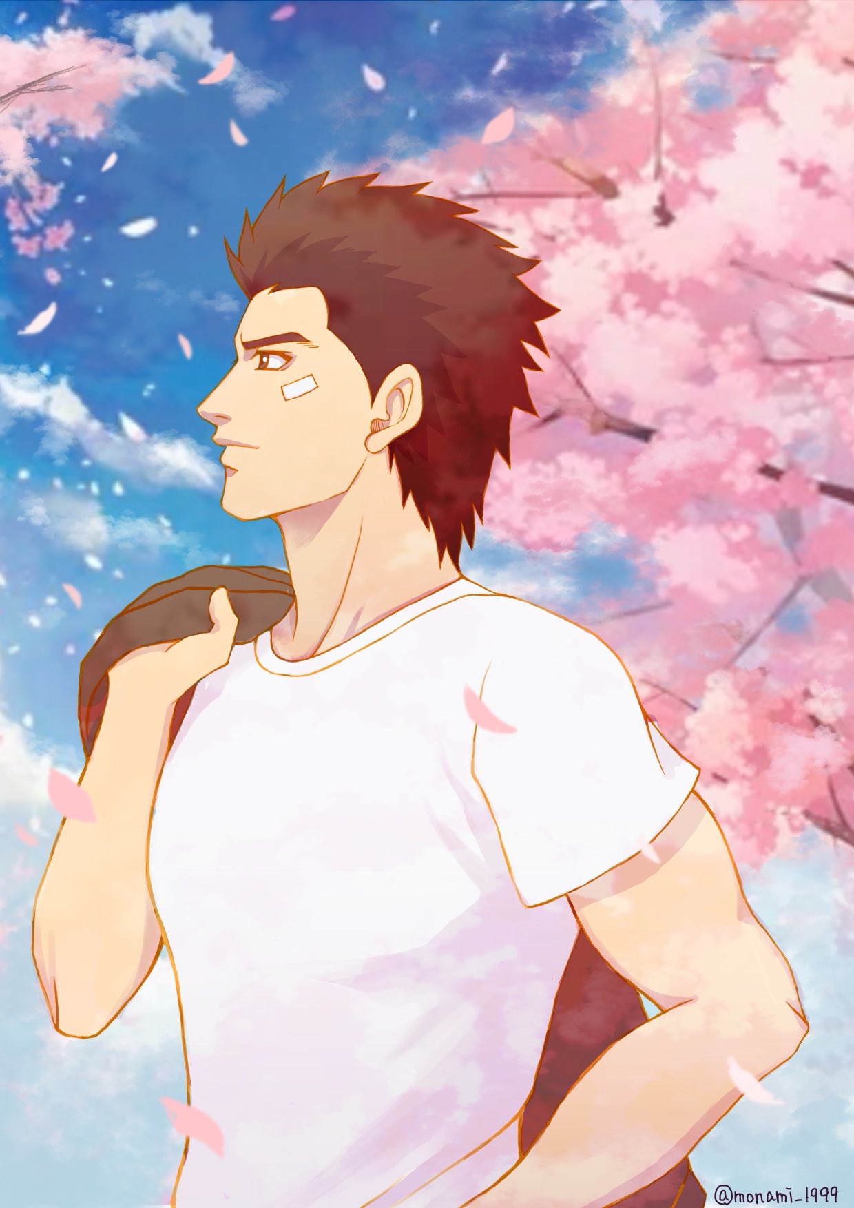 bandage_on_face bandages biceps brown_eyes brown_hair cherry_blossoms cloud day expressionless falling_petals hazuki_ryou highres holding holding_clothes holding_jacket jacket jacket_over_shoulder looking_to_the_side monami_1999 muscular muscular_male outdoors petals shenmue shenmue_the_animation shirt signature spiked_hair t-shirt thick_eyebrows tree unworn_jacket white_shirt