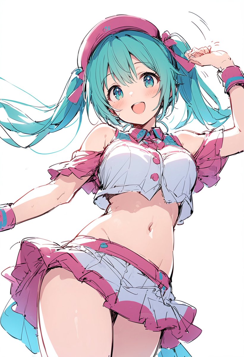 1girl :d aqua_eyes aqua_hair arm_up bare_shoulders blush bow breasts collared_shirt commentary_request contrapposto cowboy_shot crop_top frills groin hair_between_eyes hat hatsune_miku highres long_hair looking_at_viewer medium_breasts midriff miniskirt motion_lines navel open_mouth oshitsuji pleated_skirt ribbon shirt simple_background sketch skirt sleeveless sleeveless_shirt smile solo stomach teeth thighs twintails upper_teeth_only very_long_hair vocaloid white_background white_shirt