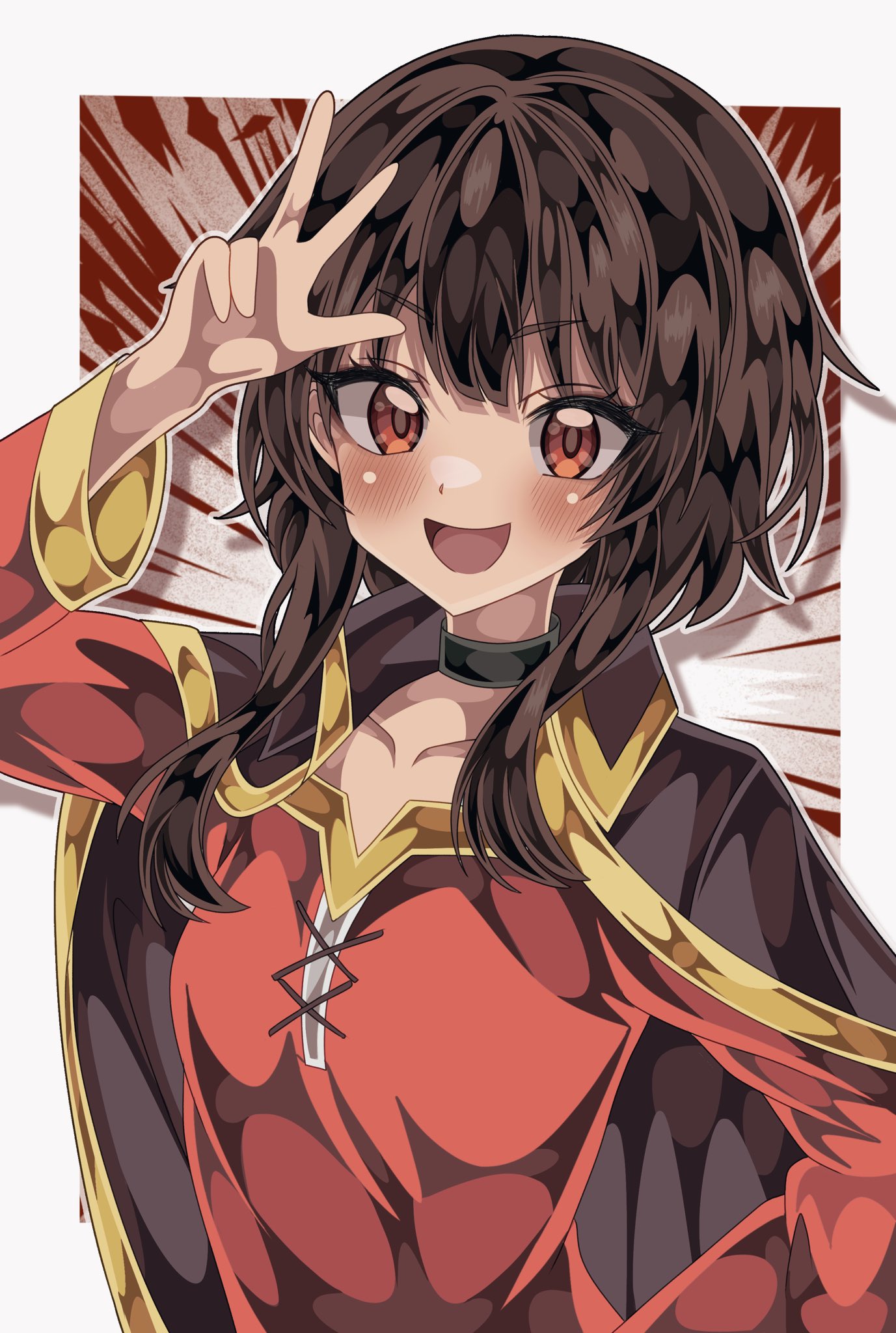 1girl :d black_cape blush border breasts brown_hair cape collarbone commentary dress hand_on_own_hip hand_up highres kono_subarashii_sekai_ni_shukufuku_wo! long_sleeves looking_at_viewer megumin open_mouth outline outside_border red_background red_dress red_eyes shiki_(kisikisi1007) short_hair short_hair_with_long_locks sidelocks small_breasts smile solo sunburst sunburst_background upper_body w_over_face white_background white_border white_outline