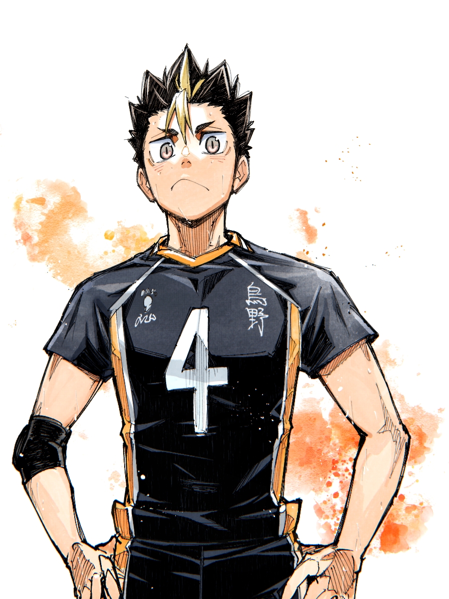 1boy black_hair black_shirt black_shorts cowboy_shot elbow_pads facing_viewer frown grey_eyes haikyuu!! hair_between_eyes hands_on_own_hips highres karasuno_volleyball_uniform looking_at_viewer male_focus multicolored_hair nishinoya_yuu paint_splatter shirt short_hair short_sleeves shorts single_elbow_pad solo sportswear streaked_hair takeuchi_(a3) v-shaped_eyebrows volleyball_uniform