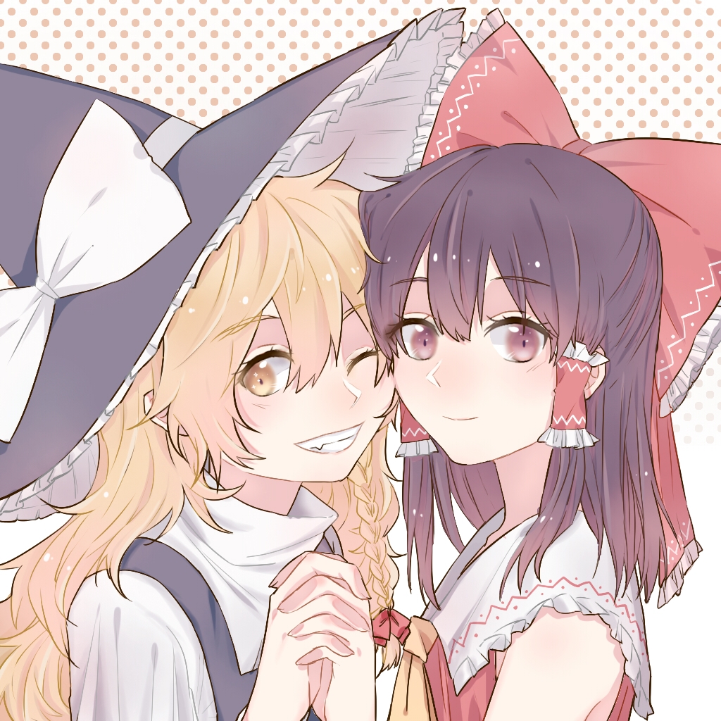 2girls ascot blonde_hair bow braid brown_eyes brown_hair closed_mouth commentary_request frilled_bow frilled_hair_tubes frills grin hair_bow hair_tubes hakurei_reimu hat hat_bow hitte5416 holding_hands interlocked_fingers kirisame_marisa long_hair looking_at_viewer multiple_girls one_eye_closed red_bow side_braid single_braid smile touhou white_bow witch_hat yellow_ascot yellow_eyes