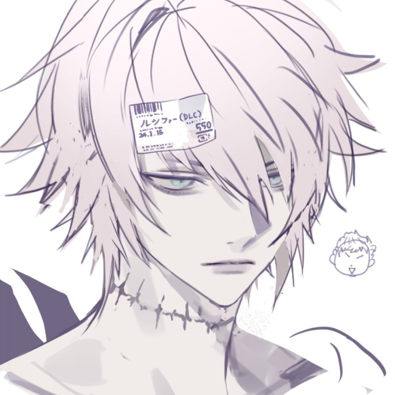 1boy aqua_eyes barcode belial_(granblue_fantasy) closed_mouth expressionless granblue_fantasy looking_ahead lucilius_(granblue_fantasy) male_focus narrowed_eyes portrait short_hair simple_background stitched_neck stitches wago white_hair