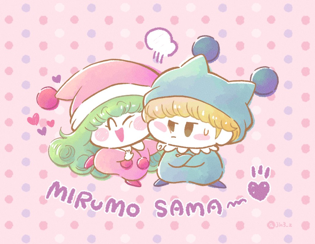 1boy 1girl ^_^ blonde_hair blue_hat blue_pajamas blunt_bangs blush_stickers character_name closed_eyes commentary green_hair hat heart jin_(jin3jin3) long_hair looking_at_another mini_person miniboy minigirl mirumo mirumo_de_pon! nightcap pajamas pink_hat pink_pajamas pom_pom_(clothes) puff_of_air rirumu_(mirumo_de_pon!) short_hair solid_oval_eyes sweatdrop twitter_username