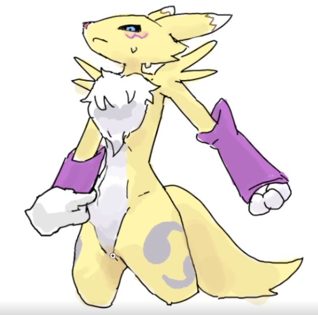 ambiguous_gender anthro bandai_namco blue_eyes blush bodily_fluids canid canine digimon digimon_(species) digital_media_(artwork) fur mammal podo renamon simple_background solo tail touching_stomach white_body white_fur yellow_body yellow_fur