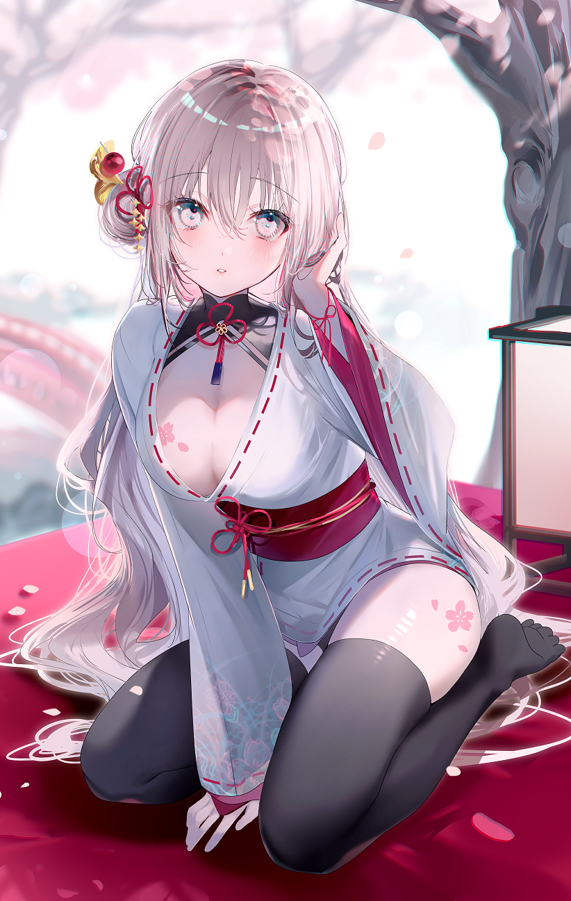 1girl black_thighhighs breasts cherry_blossoms cleavage grey_eyes grey_hair hair_ornament hairpin highres japanese_clothes kimono kneeling large_breasts leaning_forward long_hair looking_at_viewer miwano_rag obi original sash short_kimono skindentation solo thighhighs white_kimono