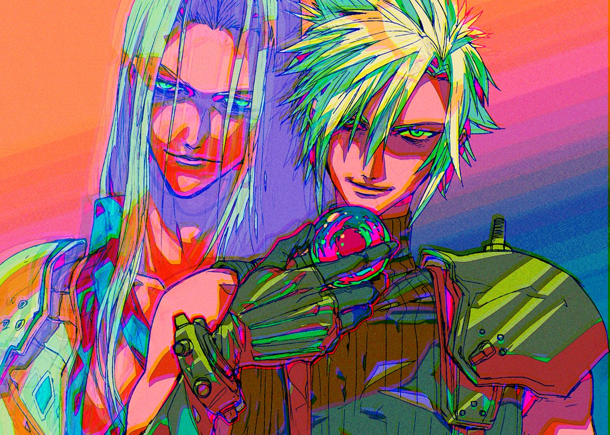 2boys armor ball black_gloves blonde_hair chest_strap cloud_strife final_fantasy final_fantasy_vii final_fantasy_vii_rebirth final_fantasy_vii_remake gloves green_eyes grey_hair hair_between_eyes holding holding_ball long_bangs long_hair looking_at_viewer male_focus materia mizu_cx multiple_boys parted_bangs possessed sephiroth short_hair shoulder_armor single_bare_shoulder single_shoulder_pad sleeveless sleeveless_turtleneck slit_pupils smile spiked_hair suspenders turtleneck upper_body