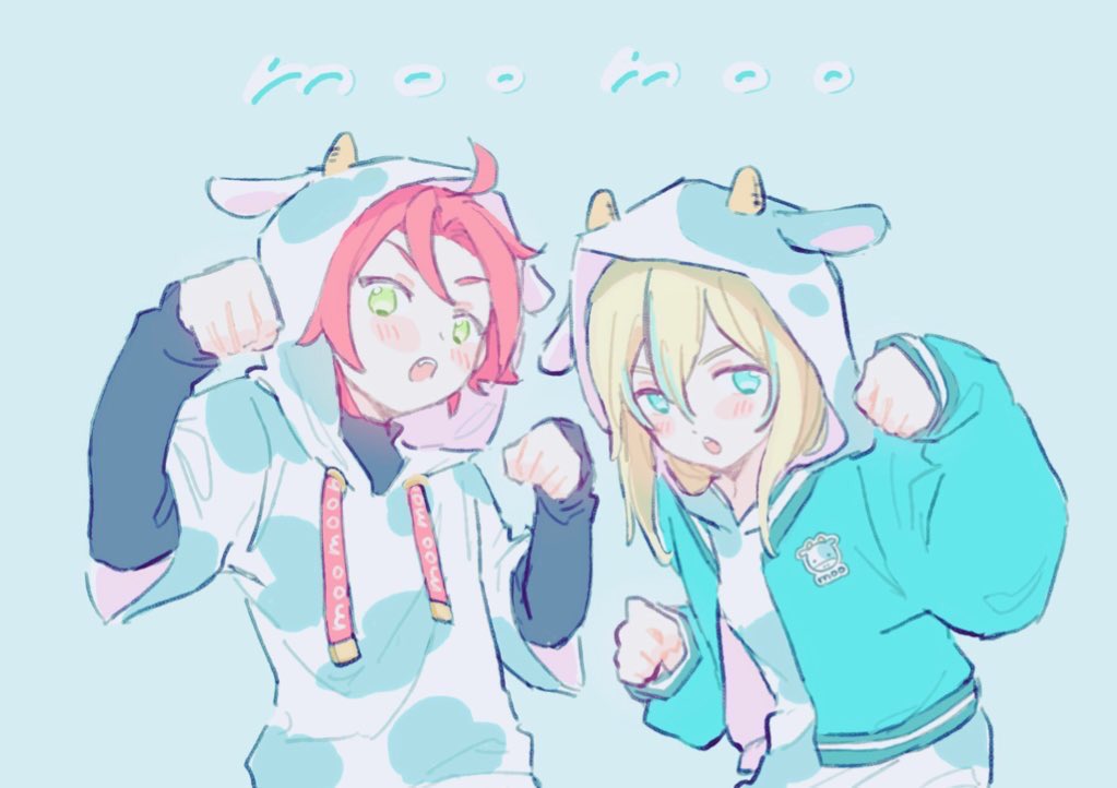 2boys animal_ears animal_print blonde_hair blue_eyes blue_hair blue_jacket commentary cow_ears cow_hood cow_horns cow_print drawstring green_eyes hair_between_eyes hands_up hood hood_up hoodie horns idol_land_pripara idol_time_pripara jacket long_hair long_sleeves looking_at_viewer male_focus mitaka_asahi multicolored_hair multiple_boys open_mouth poro_(pweedro) pretty_series pripara red_hair short_hair streaked_hair symbol-only_commentary upper_body ushimitsu_(pripara)