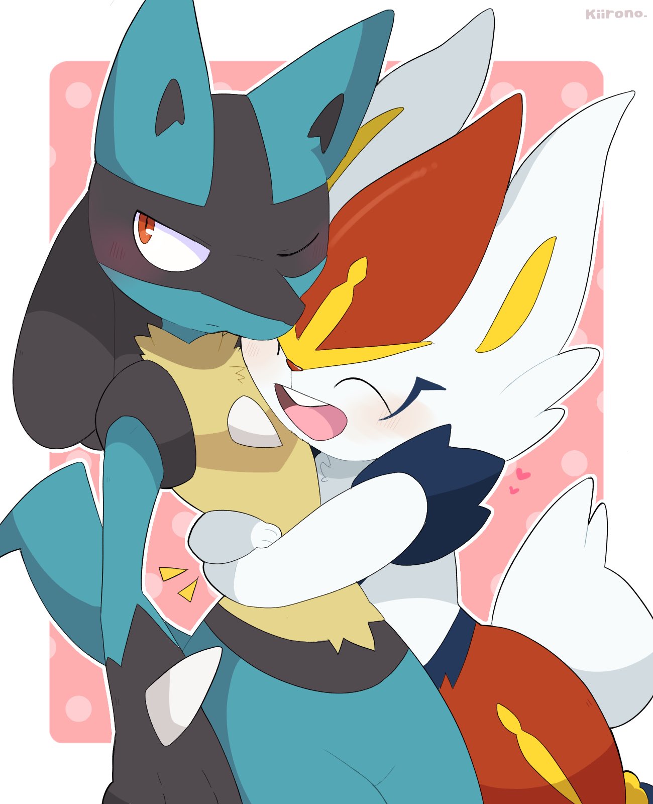 anthro cinderace duo fluffy fluffy_tail fur generation_4_pokemon generation_8_pokemon happy heart_symbol hi_res hug kiirono lucario male nintendo open_mouth open_smile pokemon pokemon_(species) signature simple_background smile spikes spikes_(anatomy) tail