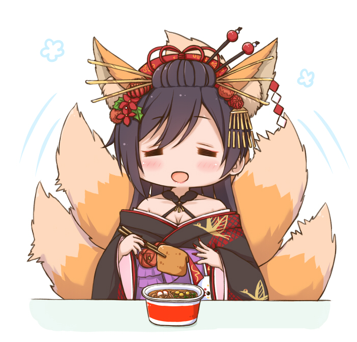 1girl =_= animal_ear_fluff animal_ears bare_shoulders bird black_hair black_kimono blush breasts chopsticks cleavage collarbone crane_(animal) crane_print fake_animal_ears fake_tail flower fox_ears fox_tail hair_between_eyes hair_flower hair_ornament holding holding_chopsticks idolmaster idolmaster_shiny_colors japanese_clothes kanzashi kimono large_breasts long_hair long_sleeves maruchan_akai_kitsune_udon motion_lines multiple_tails nagi_uru off_shoulder open_mouth red_flower shide shirase_sakuya smile solo table tail white_background wide_sleeves