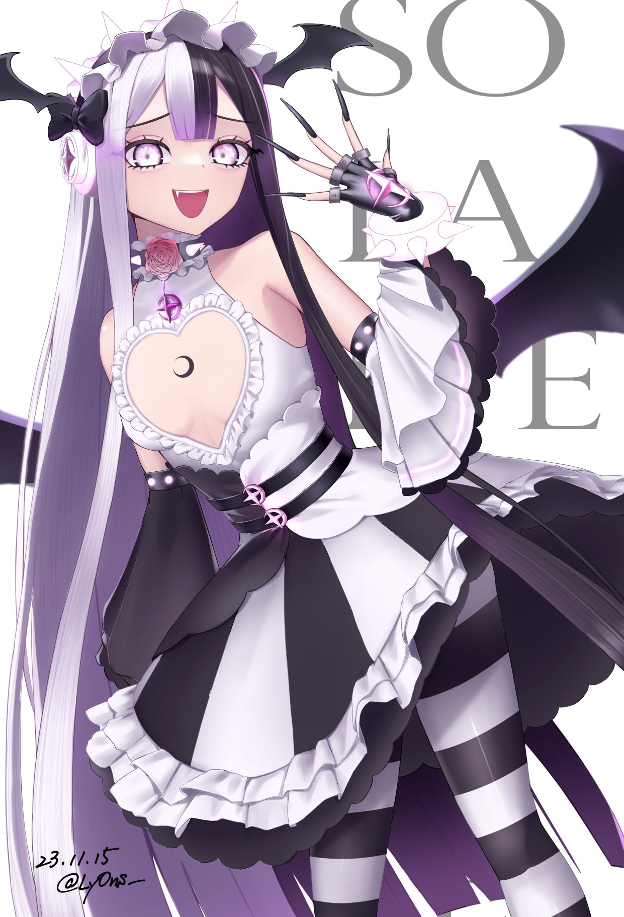 1girl absurdly_long_hair asymmetrical_sleeves beatmania_iidx black_choker black_gloves black_hair black_nails black_pantyhose black_skirt black_sleeves bracelet breasts choker cleavage_cutout clothing_cutout commentary crescent_tattoo dated detached_sleeves english_commentary feet_out_of_frame fingerless_gloves fingernails flower frilled_choker frills gloves headphones heart_cutout highres jewelry jirai_kei leaning_forward long_hair looking_at_viewer medium_bangs mismatched_sleeves multicolored_hair open_mouth pantyhose pink_eyes pink_flower pink_rose rose sharp_fingernails shirt skirt sleeveless sleeveless_shirt small_breasts smile solar_eclipse_(bemani) solo spiked_bracelet spikes split-color_hair standing two-tone_pantyhose two-tone_skirt utsuro_(lyons) very_long_fingernails very_long_hair white_background white_hair white_pantyhose white_shirt white_skirt white_sleeves wide_sleeves