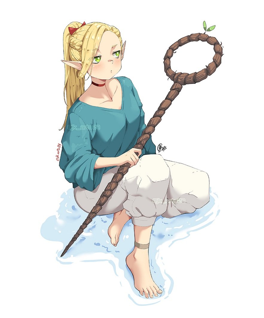 1girl anklet barefoot blonde_hair blue_shirt bow braid choker collarbone crown_braid dungeon_meshi elf green_eyes holding holding_staff jewelry jk_arts long_hair marcille_donato pants pointy_ears ponytail red_bow red_choker shirt signature solo staff twitter_username v-neck white_pants