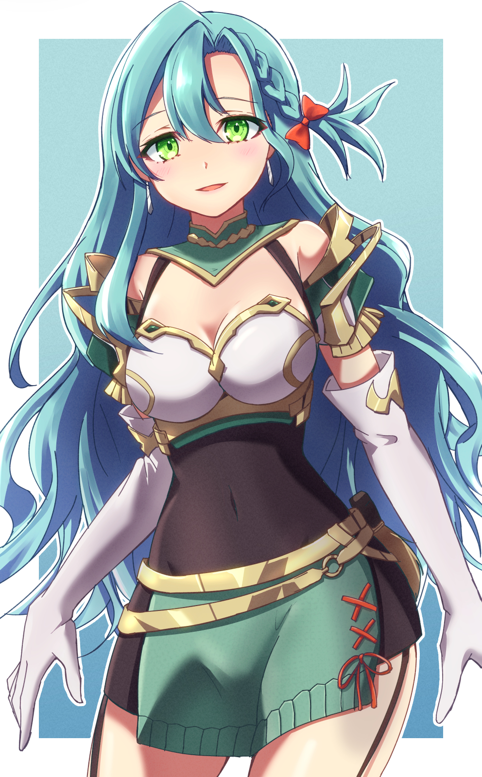 1girl aqua_hair armor bow braid breastplate breasts chloe_(fire_emblem) covered_navel fire_emblem fire_emblem_engage gloves green_eyes highres large_breasts minamonochaba orange_bow pelvic_curtain shoulder_armor side_braid solo teardrop_earrings white_gloves