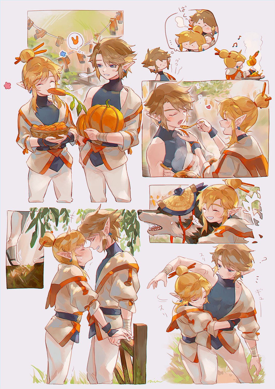2boys blonde_hair blue_eyes blush border closed_eyes coat dual_persona earrings feeding festival food food_in_mouth hair_between_eyes hair_bun hair_ornament hair_stick highres holding holding_food holding_pumpkin holding_spoon holding_vegetable jewelry link male_focus medium_hair multiple_boys musical_note noses_touching open_mouth pants parted_lips pointy_ears pumpkin rain_rkgk short_hair sleeveless sleeveless_turtleneck spoon sweatdrop swept_bangs the_legend_of_zelda the_legend_of_zelda:_breath_of_the_wild the_legend_of_zelda:_twilight_princess turtleneck vegetable white_border white_coat white_pants wolf wolf_link yaoi