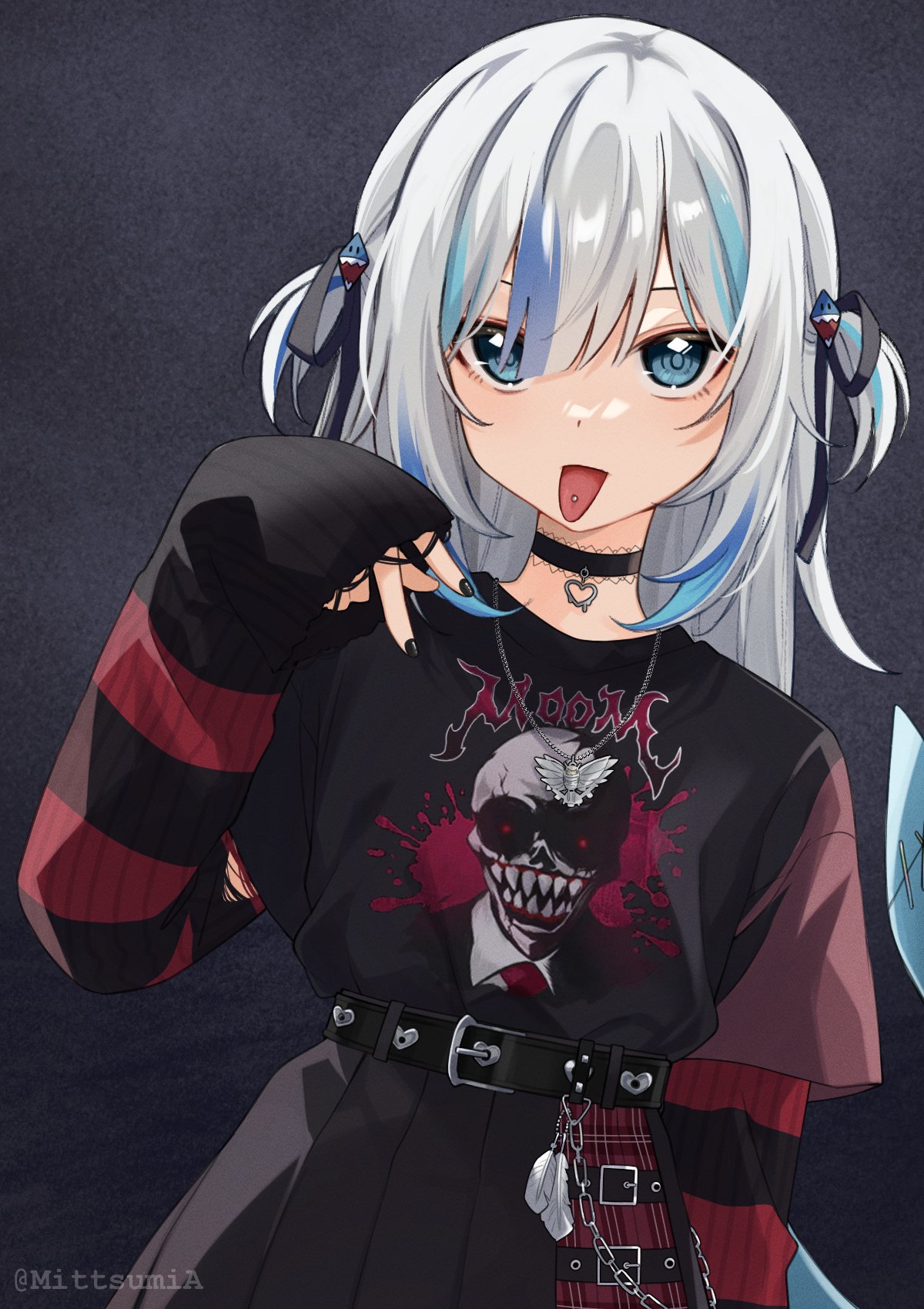 1girl black_choker black_nails blue_eyes blue_hair choker choppy_bangs commentary cosplay emo_fashion english_commentary fins fish_tail gawr_gura grey_background hair_between_eyes hair_ornament highres hololive hololive_english jewelry long_sleeves looking_at_viewer mittsu multicolored_hair nanashi_mumei nanashi_mumei_(cosplay) nanashi_mumei_(emo) necklace piercing pleated_skirt shark_hair_ornament shark_tail short_hair skirt solo streaked_hair striped_clothes sweater_under_shirt tail tongue tongue_out tongue_piercing twitter_username two_side_up upper_body virtual_youtuber white_hair