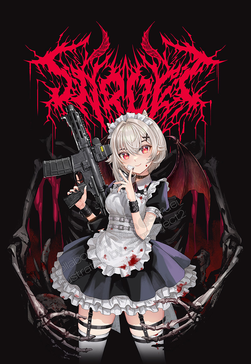 1girl apron ar-15 bandage_on_face bandages black_background black_nails blood blood_on_clothes blue_dress dress eotech gun kws looking_at_viewer maid maid_apron optical_sight original red_eyes rifle sample_watermark short_hair skeletal_arm skeleton smile solo thighhighs watermark weapon white_apron white_hair white_thighhighs