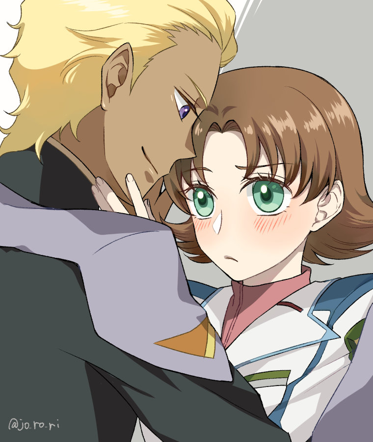 1boy 1girl black_jacket blonde_hair blush couple dearka_elsman frown green_eyes gundam gundam_seed hair_slicked_back hand_on_another's_cheek hand_on_another's_face hetero jacket jo_ro_ri military_uniform miriallia_haw parted_bangs pink_shirt purple_eyes shirt short_hair smile tan turtleneck twitter_username uniform upper_body white_jacket