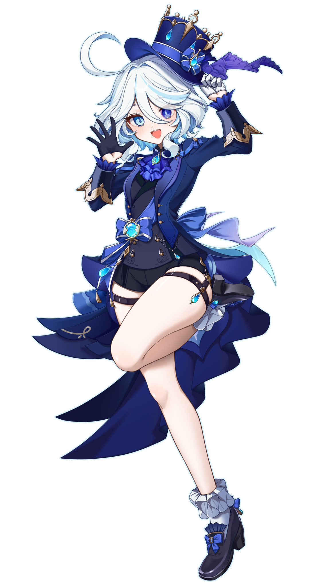 1girl ahoge arm_up bare_legs black_footwear black_gloves black_shirt black_shorts blue_bow blue_eyes blue_gemstone blue_hair blue_hat blue_jacket blue_ribbon blue_scarf bow full_body furina_(genshin_impact) gem genshin_impact gloves hair_between_eyes hat hat_ornament heterochromia highres holding holding_clothes holding_hat jacket jewelry legs light_blue_hair long_sleeves looking_at_viewer nanase_(zbgzke1jtztpedq) open_mouth ribbon scarf shirt shoes short_hair shorts simple_background socks solo standing standing_on_one_leg thigh_strap thighs vision_(genshin_impact) white_background white_gloves white_socks