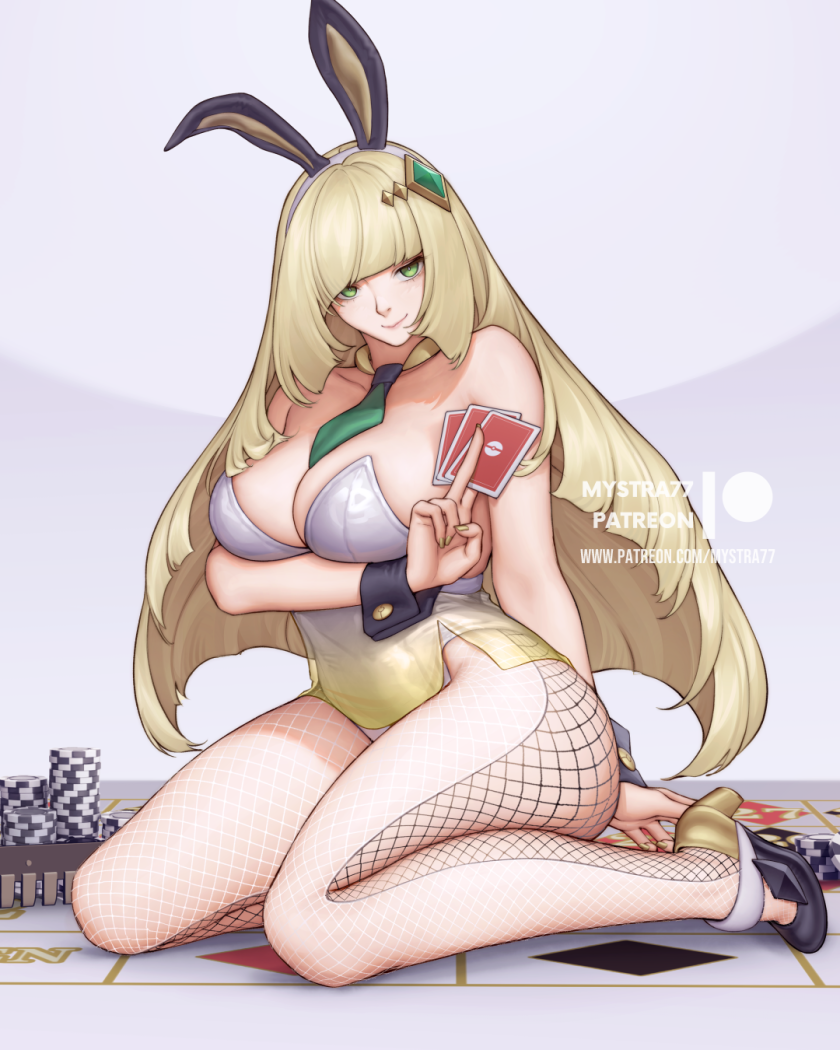 1girl animal_ears arm_under_breasts artist_name blonde_hair breasts card detached_collar fake_animal_ears fishnet_pantyhose fishnets gem green_eyes green_gemstone hair_ornament high_heels holding holding_card large_breasts leotard long_hair looking_at_viewer lusamine_(pokemon) mystra77 pantyhose playboy_bunny playing_card pokemon poker_chip rabbit_ears smile solo strapless strapless_leotard two-tone_legwear web_address wrist_cuffs