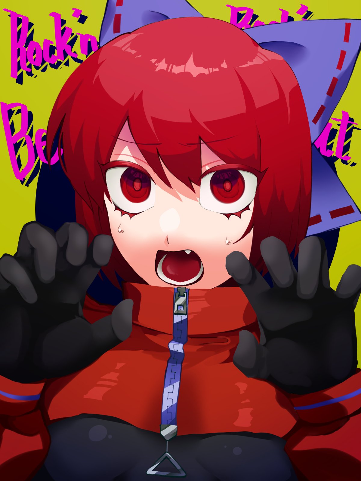 1girl akatsuki_records alternate_costume black_bodysuit bodysuit bow capelet claw_pose commentary_request fang hair_bow highres looking_at_viewer lower_teeth_only medium_bangs open_mouth purple_bow red_capelet red_eyes red_hair ribbon-trimmed_bow rock_'n'_rock_'n'_beat sekibanki sekibanki_day short_hair solo takayo_(user_yeah3737) teeth touhou upper_body zipper