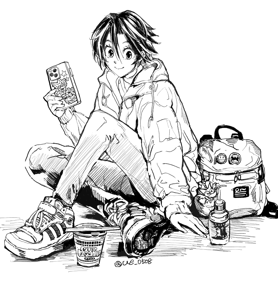 1girl arm_support backpack badge bag bottle button_badge cellphone character_sticker closed_mouth cross-laced_footwear crossed_ankles cup_ramen eyeshield_21 greyscale hair_between_eyes holding holding_phone hood hooded_jacket jacket monochrome pants phone shoes short_hair simple_background sitting smartphone smile sneakers solo sticker taki_suzuna twitter_username ueda-pix