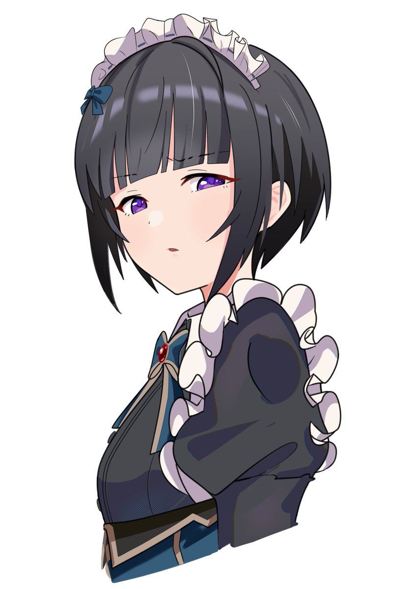 1girl black_dress black_hair blue_bow blue_bowtie blue_ribbon blunt_bangs blush bob_cut bow bowtie cropped_torso disgust dot_nose dress flat_chest from_side hair_bow hair_ribbon highres idolmaster idolmaster_cinderella_girls idolmaster_cinderella_girls_starlight_stage looking_at_viewer mitche parted_lips puffy_sleeves purple_eyes ribbon shirayuki_chiyo short_hair simple_background solo upper_body white_background white_headdress