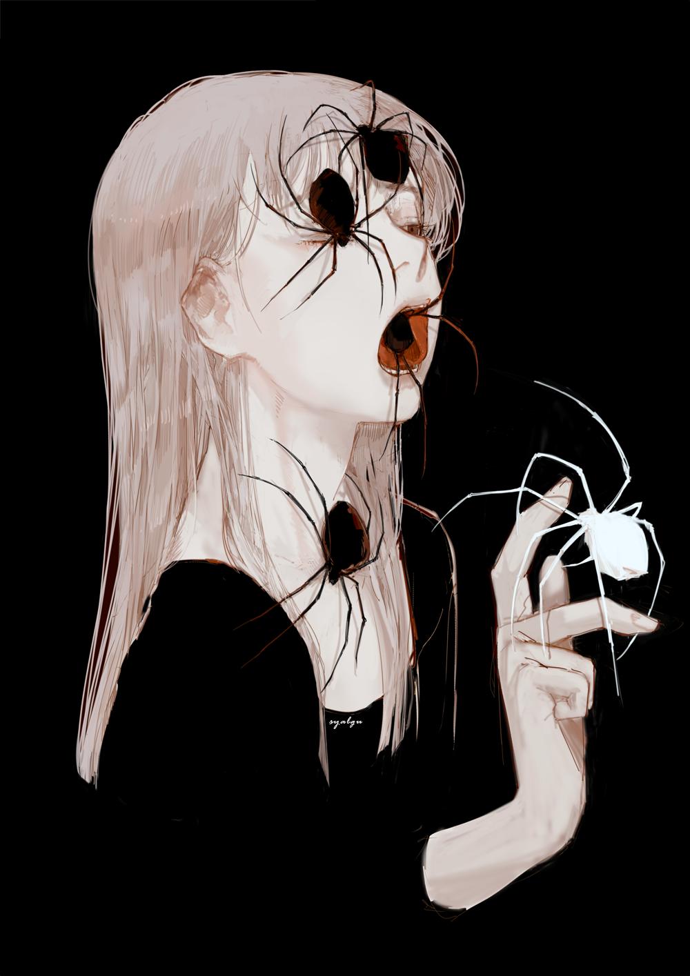 1girl artist_name black_background blending brown_eyes bug commentary grey_hair half-closed_eyes highres horror_(theme) long_hair open_mouth original pale_skin simple_background solo spider syalgu symbol-only_commentary teeth tongue