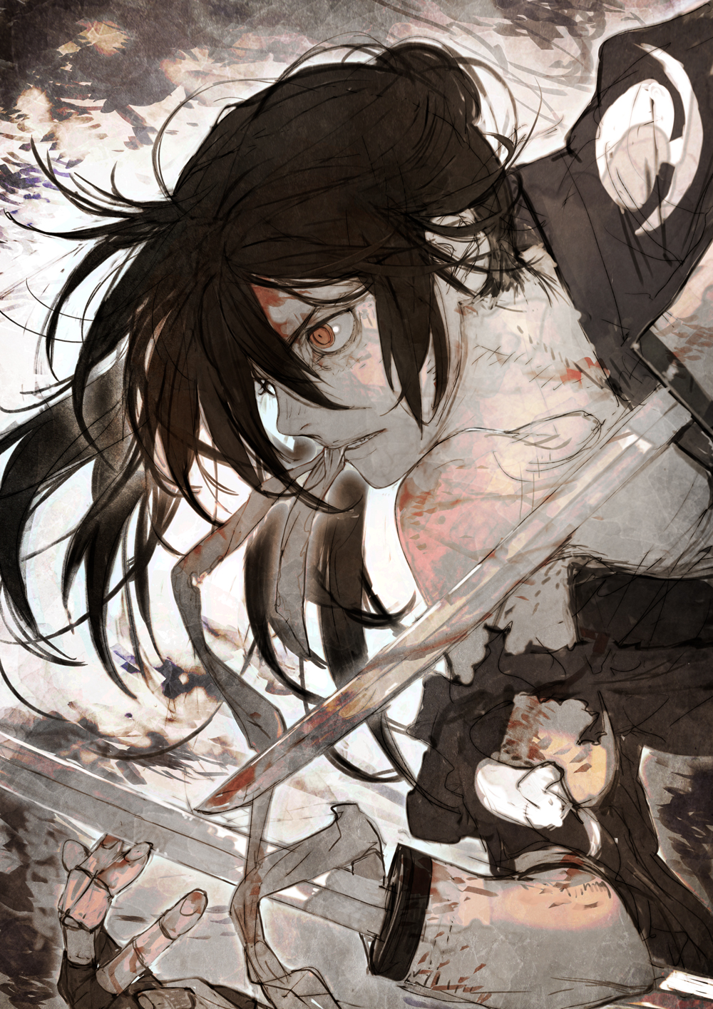 1boy amputee bandages black_hair blood blood_on_face commentary_request determined dororo_(tezuka) guest_art hair_between_eyes highres hyakkimaru_(dororo) japanese_clothes kimono long_hair male_focus off_shoulder ponytail prosthesis red_eyes solo sword toi8 torn_clothes weapon