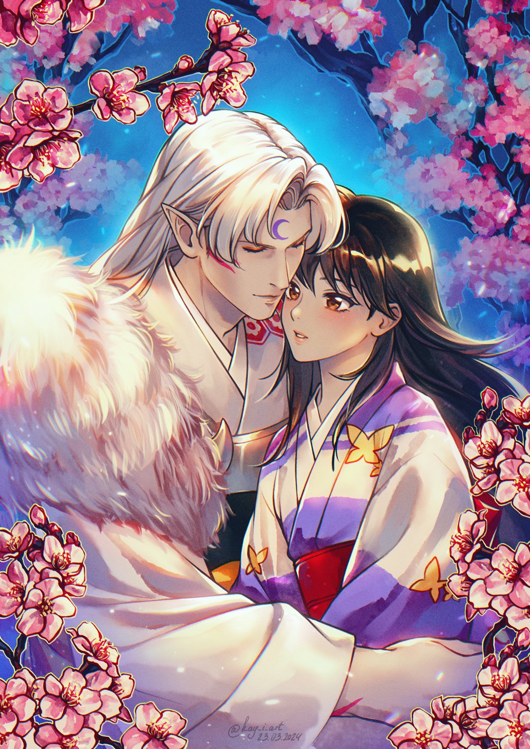 1boy 1girl arm_markings arms_around_waist black_hair blush brown_eyes cherry_blossoms closed_eyes couple crescent crescent_facial_mark dated demon_boy eyeshadow facial_mark flower forehead_mark fur_trim hair_between_eyes hetero highres inuyasha japanese_clothes kay-i kimono makeup obi parted_bangs parted_lips pink_flower pointy_ears red_eyeshadow rin_(inuyasha) sash sesshoumaru striped_clothes striped_kimono tree twitter_username upper_body white_fur white_hair white_kimono