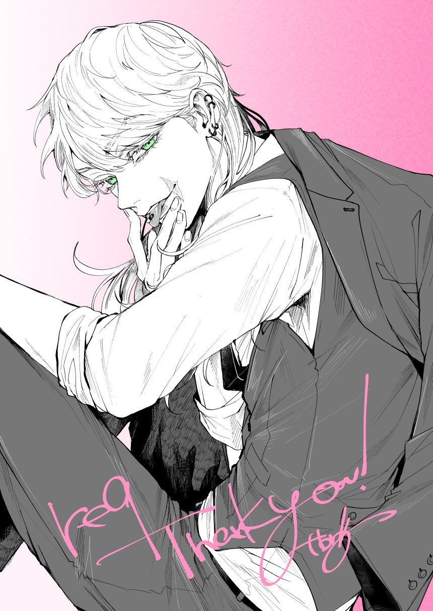 1boy ear_piercing english_text eyelashes from_side green_eyes greyscale hand_on_own_knee hand_to_own_mouth head_tilt highres jacket jacket_on_shoulders looking_at_viewer male_focus monochrome pants parted_lips piercing pill_in_mouth pink_background rkgktbr sanzu_haruchiyo scar scar_on_face shirt simple_background sitting sleeves_rolled_up solo spot_color tokyo_revengers tongue tongue_out upper_body vest