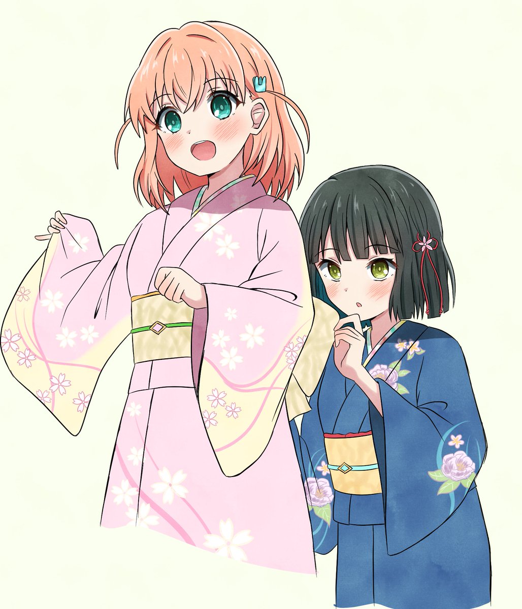 2girls adjusting_another's_clothes black_hair blue_kimono blunt_bangs blush clenched_hand commentary_request cropped_torso floral_print flower_knot green_eyes hair_ornament highres hinoshita_kaho japanese_clothes katanashi_(ktnsh_popu) kimono link!_like!_love_live! long_sleeves love_live! momose_ginko multiple_girls obi open_mouth orange_hair parted_lips pink_kimono sash short_hair teeth upper_body upper_teeth_only virtual_youtuber white_background wide_sleeves