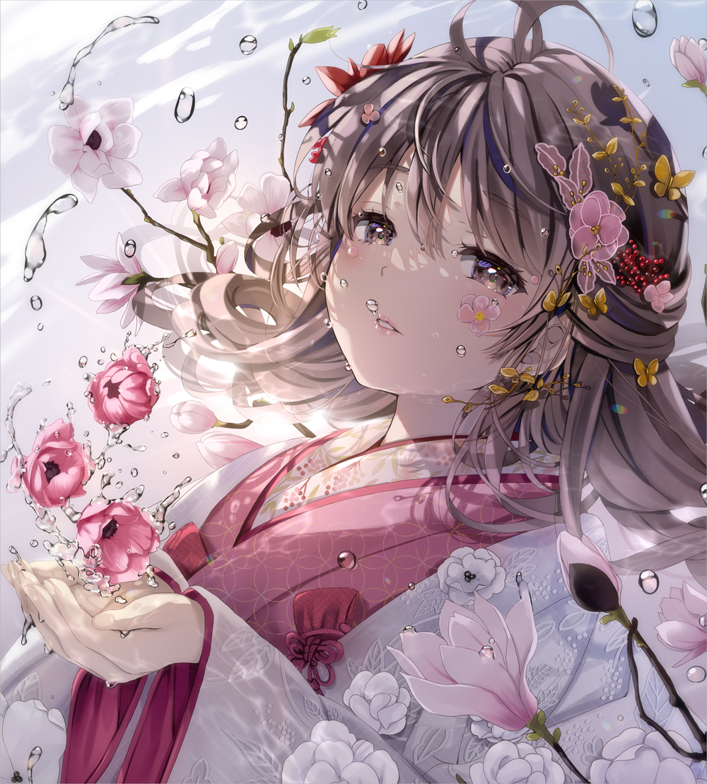 1girl air_bubble brown_eyes brown_hair bubble butterfly_hair_ornament commentary_request flower hair_flower hair_ornament hands_up japanese_clothes kimono long_sleeves natsume_eri open_clothes original own_hands_together parted_lips pink_flower pink_kimono red_flower sleeves_past_wrists solo underwater upper_body water white_flower wide_sleeves