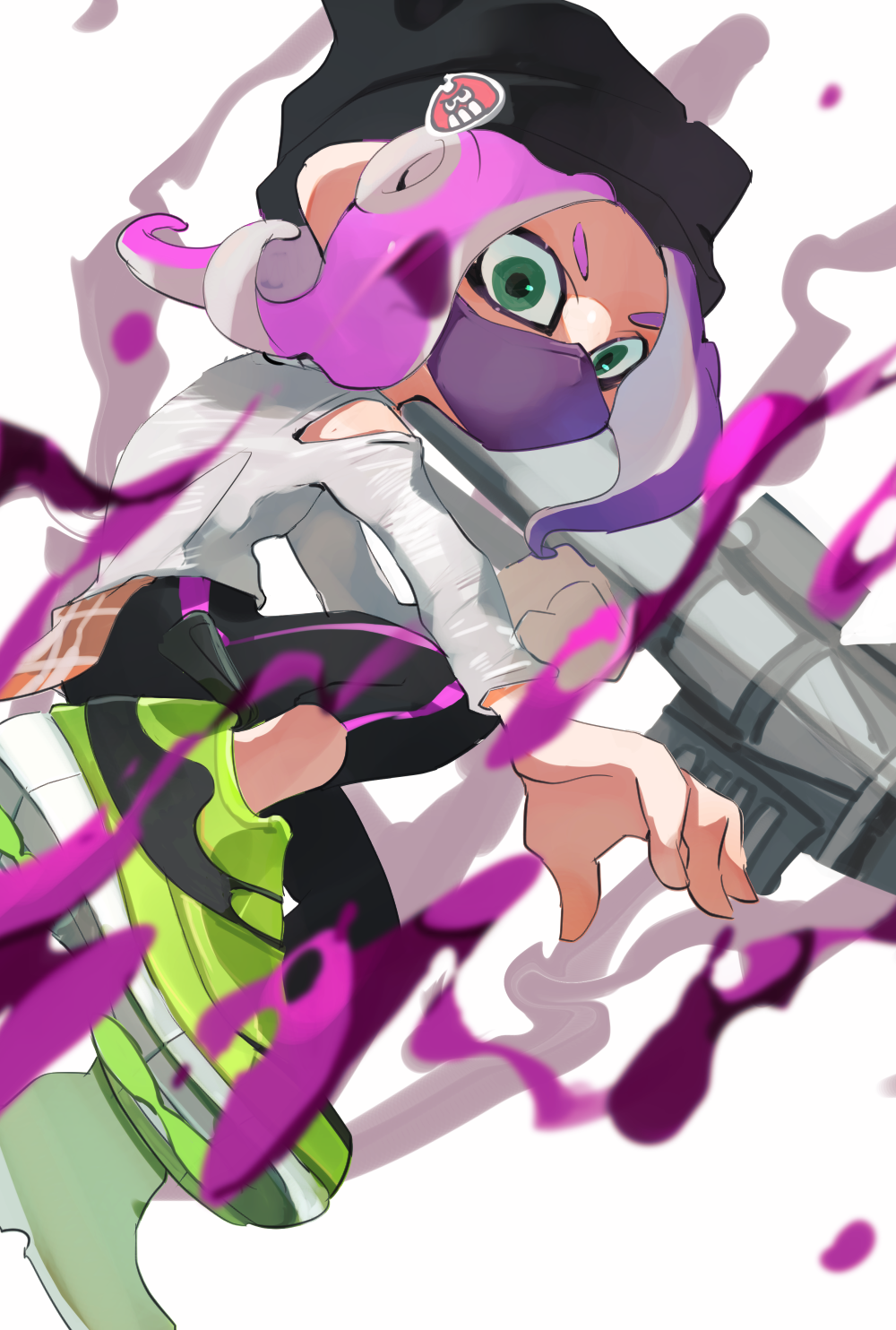 1girl aqua_eyes beanie black_hat black_leggings hat highres holding koike3582 leggings long_hair long_sleeves mask mouth_mask octoling octoling_girl octoling_player_character pink_hair shirt shoes simple_background single_vertical_stripe solo splatoon_(series) splattershot_pro_(splatoon) suction_cups tentacle_hair v-shaped_eyebrows white_background white_shirt