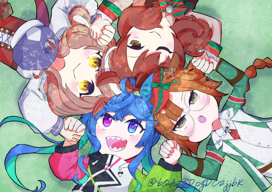 4girls :&gt; @_@ ahoge animal_ears blue_eyes blue_hair bow bowtie braid braided_ponytail brown_hair brown_shirt chibi closed_mouth collared_shirt corset crossed_bangs ear_covers glasses grey_eyes hat hetero holding_hands hood hoodie horse_ears ikuno_dictus_(umamusume) kiro_(bqae8dpzdc2jjbk) long_hair long_sleeves lying matikane_tannhauser_(umamusume) multicolored_hair multiple_girls necktie nice_nature_(umamusume) on_back one_eye_closed open_mouth pink_eyes purple_hat red_necktie round_eyewear sharp_teeth shirt smile streaked_hair teeth twin_turbo_(umamusume) twintails twitter_username umamusume unworn_hat unworn_headwear upper_body vest white_shirt yellow_eyes