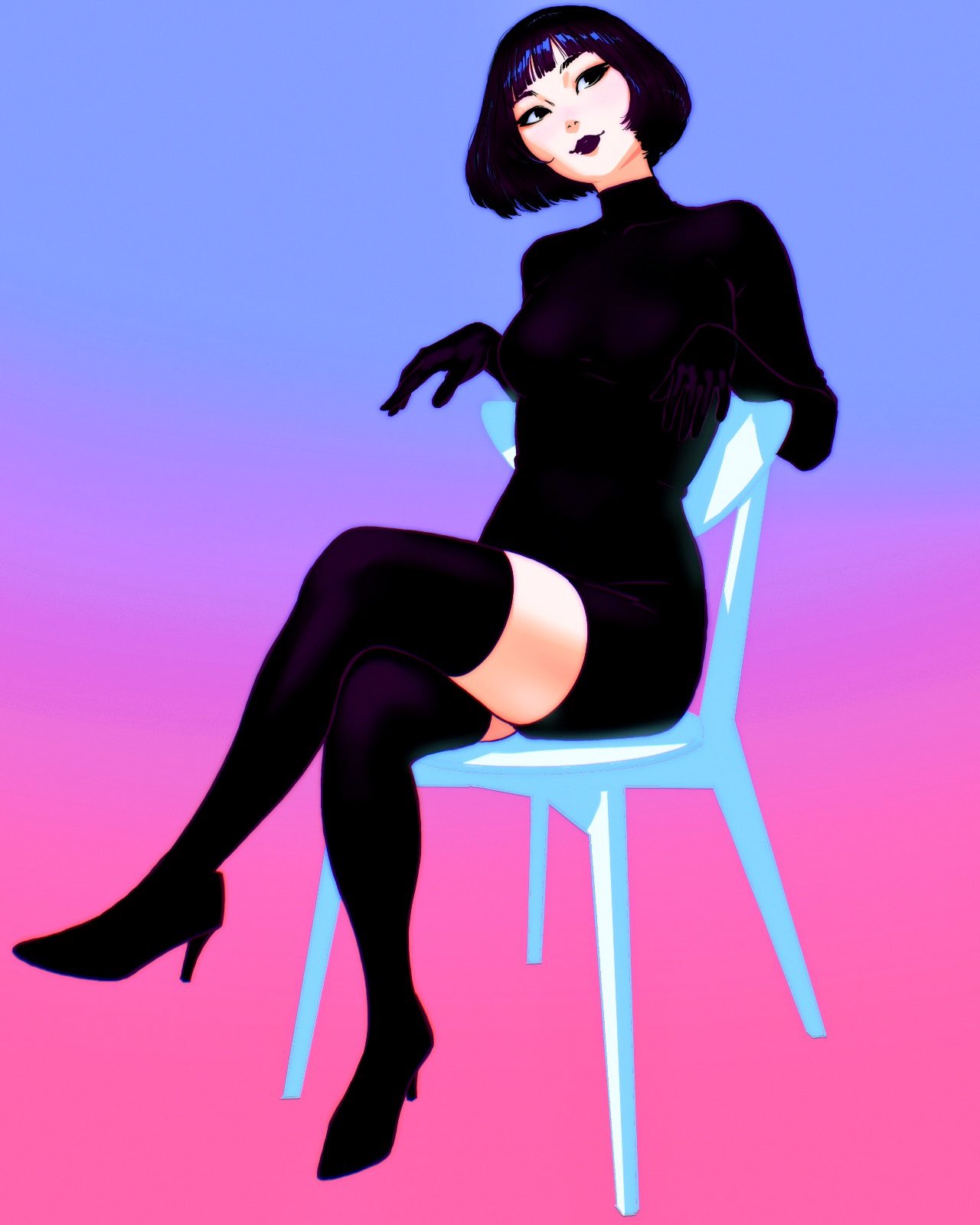 1girl black_eyes black_footwear black_hair black_lips black_skirt black_thighhighs blue_background blunt_bangs bob_cut chair crossed_legs dress full_body gloves gradient_background head_tilt high_heels highres ilya_kuvshinov lipstick long_sleeves looking_to_the_side makeup on_chair original pink_background shoes short_dress short_hair sitting skirt solo thighhighs turtleneck turtleneck_dress zettai_ryouiki