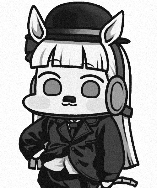 1girl animal_ears blunt_bangs blunt_ends blush_stickers bow bowler_hat charlie_chaplin charlie_chaplin_(cosplay) chibi commentary cosplay cowboy_shot ear_bow fake_facial_hair fake_mustache gold_ship_(umamusume) greyscale hat headgear horse_ears horse_girl jazz_jack long_hair looking_at_viewer monochrome necktie pencil_mustache solo suit umamusume wide_face