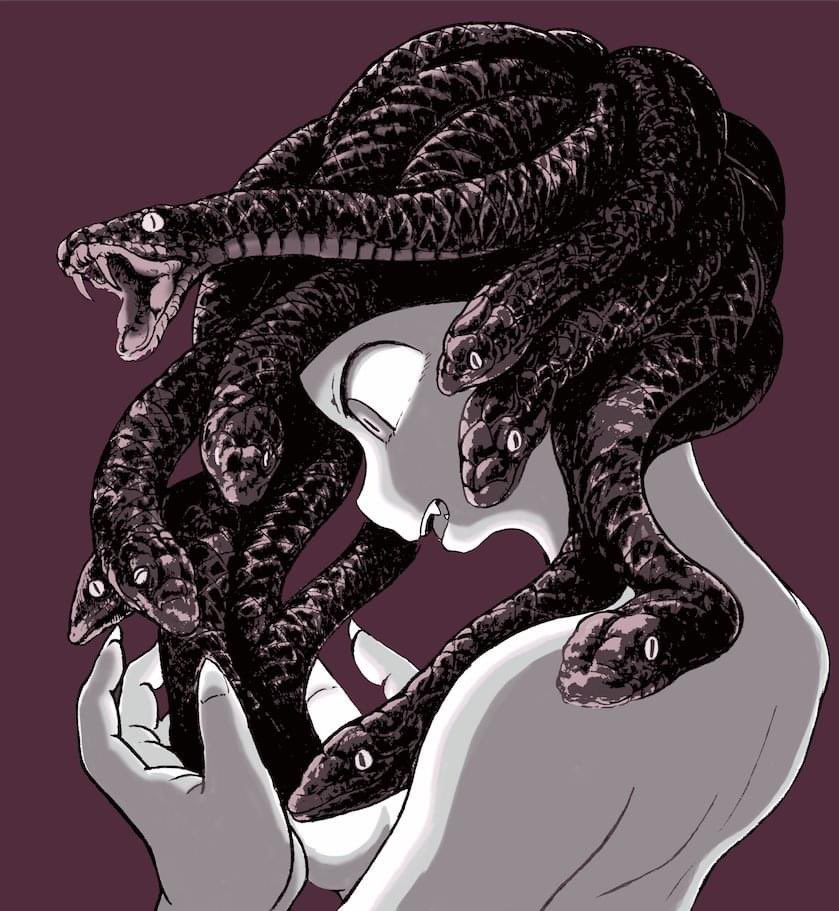 1girl breasts completely_nude fangs fingernails hands_up monster_girl nude open_mouth oratnir_aka_9 original partially_colored purple_background sharp_fingernails simple_background small_breasts snake_girl snake_hair solo upper_body
