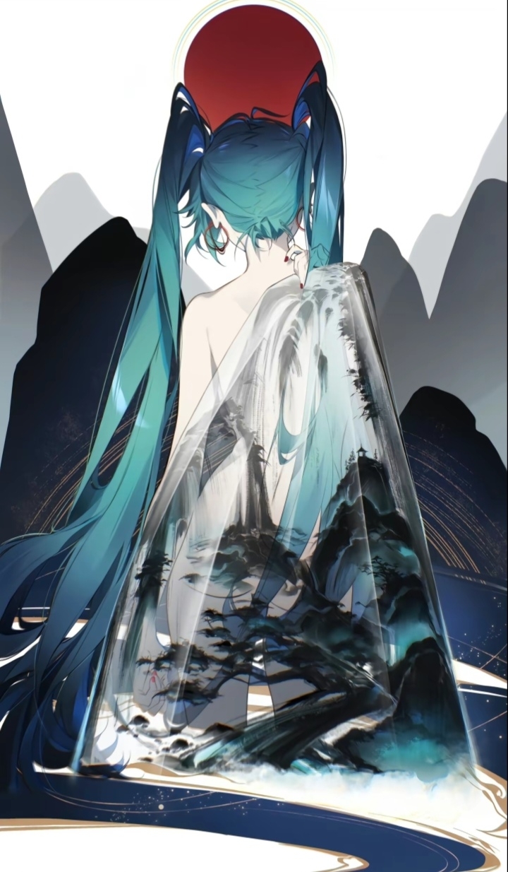 1girl absurdly_long_hair aqua_hair ass bare_back commentary earrings faux_traditional_media from_behind hatsune_miku highres holding hoop_earrings ink_wash_painting jewelry long_hair mountainous_horizon nude qingsimuchengxue18203 red_sun see-through sky solo standing twintails very_long_hair vocaloid wading white_sky