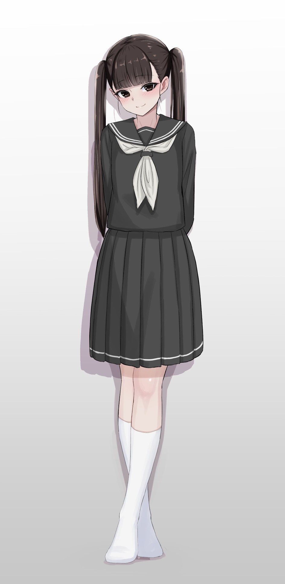 1girl arms_behind_back black_serafuku blunt_bangs blush brown_eyes brown_hair english_commentary full_body highres kneehighs looking_at_viewer mustee neckerchief no_shoes original pleated_skirt school_uniform serafuku simple_background skirt slim_legs smile socks twintails white_neckerchief white_socks