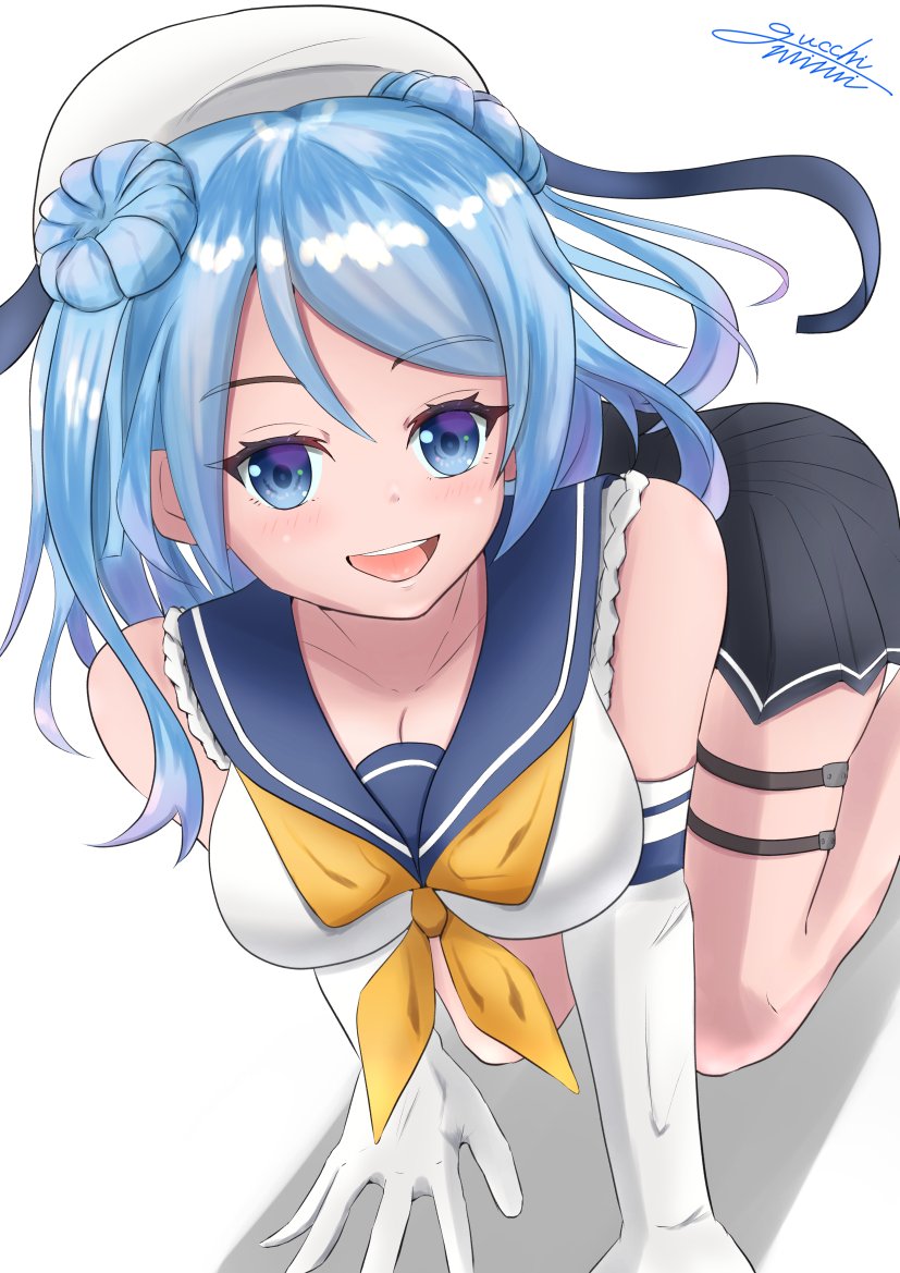 1girl all_fours beret blue_eyes blue_hair blush breasts cleavage double_bun elbow_gloves gloves gucchi_(gucchi_zuizui) hair_bun hat kantai_collection large_breasts long_hair looking_at_viewer neckerchief open_mouth pleated_skirt sailor_hat school_uniform serafuku signature skirt sleeves_rolled_up smile solo urakaze_(kancolle) white_gloves white_hat yellow_neckerchief